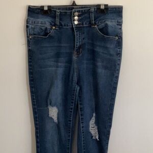 Blue High Rise Jeans with Distressed Details